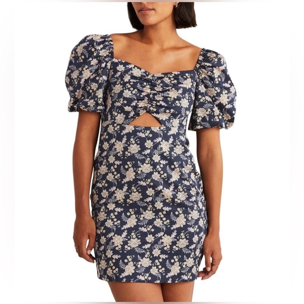 Boden Navy Blue Floral Cut Out Puff Sleeve Mini Dress 6R EUC
